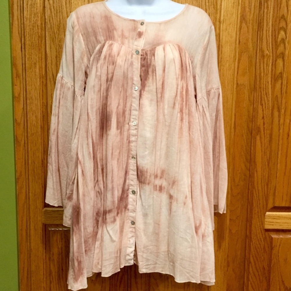 Blu Pepper Brown Tie Dye Bell Sleeve Button Front Tunic Small - Picture 3 of 5